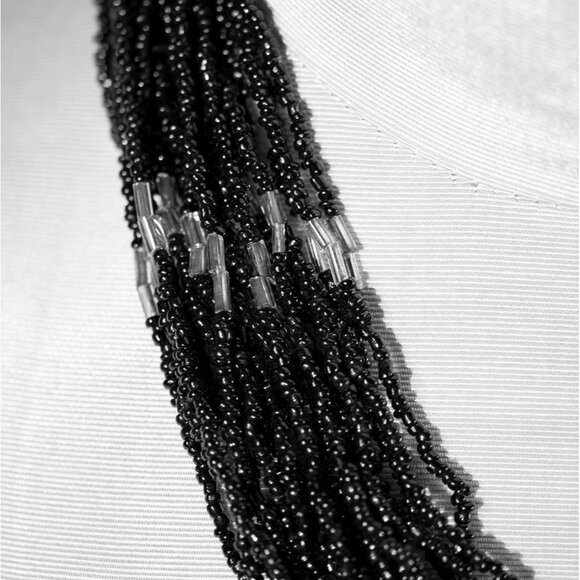 Silver-Tone Hammered Metal Pendant Black Multi-String Seed Bead Necklace Costume - Picture 5 of 8